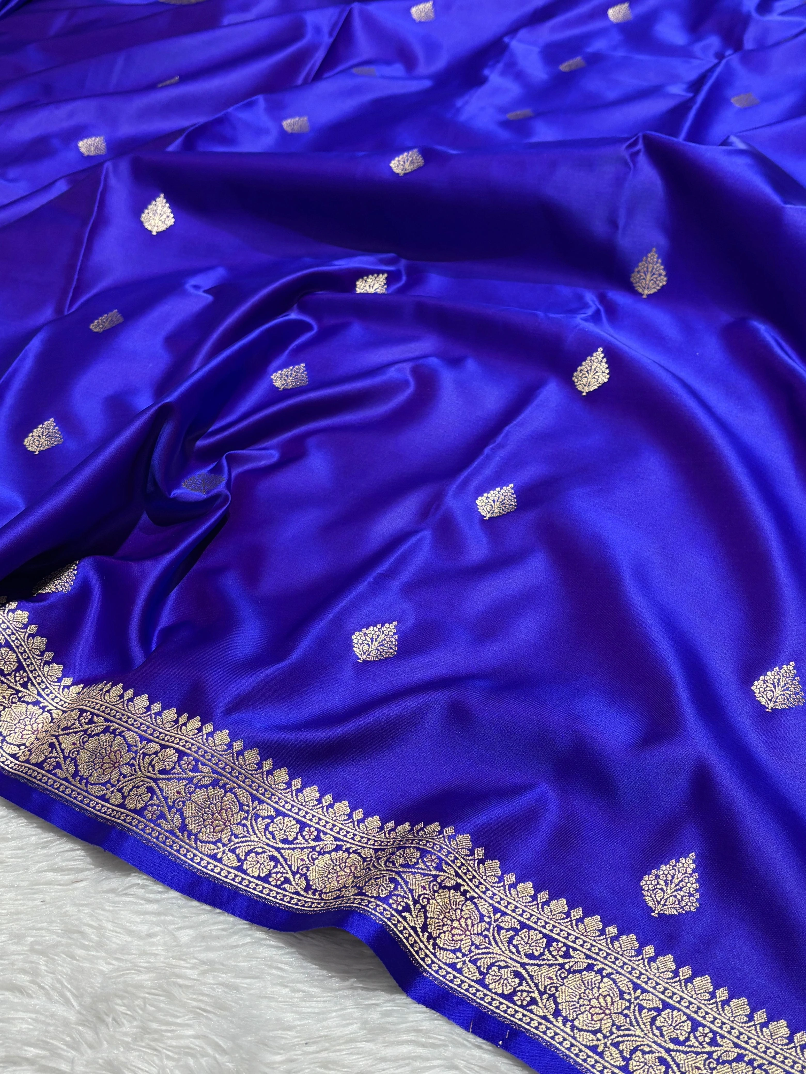 Royal Blue Satin Silk Banarasi Saree with Gold Zari Woven Border